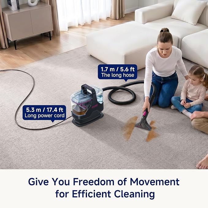 Portable Carpet Cleaner，18kPa Handheld Spot Cleaner for Upholstery and Car Interior，Pet Stain Remover with 500ml Tank，Lightweight for Sofa，Couch，Stairs，Mattress，Black and Pink