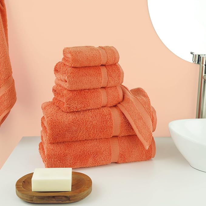 Chakir Turkish Linens 6 Piece Towels Set, 100% Cotton Luxury Turkish Towels for Bathroom, Soft Absorbent Bath Towel Set with 2 Bath Towels 2 Hand Towels 2 Washcloths, Coral