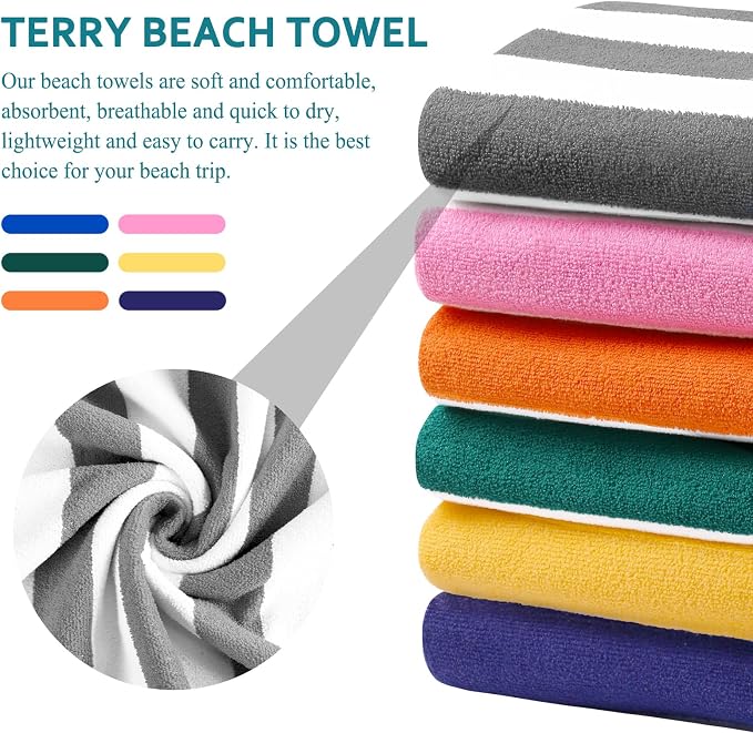 6 Packs Oversized Stripe Beach Towel Thin Terry Set with Towel Bands Extra Large XL Big Clearance Soft Super Swim Towels Pool Bath Travel Accessories Essentials Blanket Men Women Adults Gift Orange