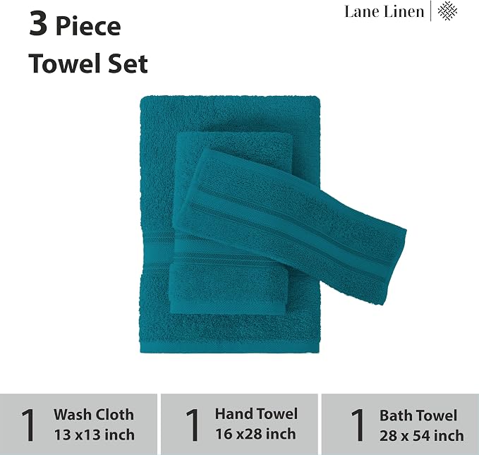 LANE LINEN Bath Towel Set 100% Cotton 3 Piece Soft Absorbent - Sea Port | Cotton Towel Set - Densely Woven, Coordinated Colors, Dobby Border Accent, OEKO-TEX Certified, Zero-Twist Durability
