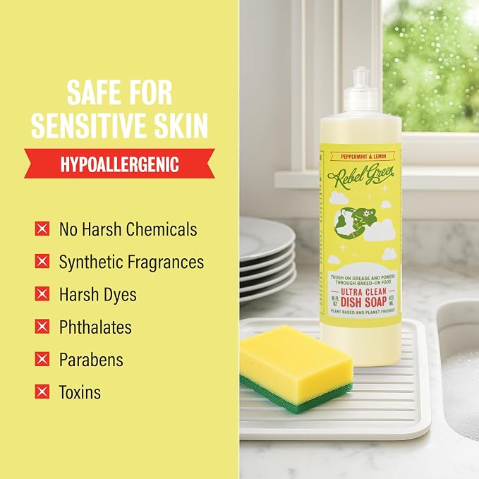 Rebel Green Super Deluxe Dish Soap - Natural Kitchen Dish Detergent - Gentle Dish Liquid Scented with Peppermint & Lemon - (1 Gallon Refill Bottle)