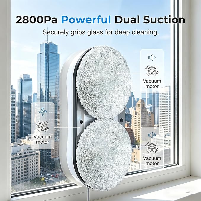Automatic Smart Window Cleaning Robot, 2800pa Dual Suction for Streak-Free Shine, Drop Protection & 3 Cleaning Modes with Auto Path Planning, Window Cleaning Robot for High-Rise (White)