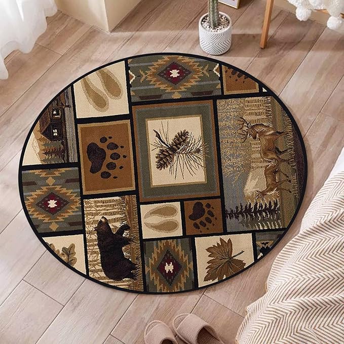 Rustic Cabin Bear Area Rugs for Hallway Non-Slip Lodge Native Empire Bear Circular Rug Couch Decor Abstract Cabin Moose Deer Carpet 2ft