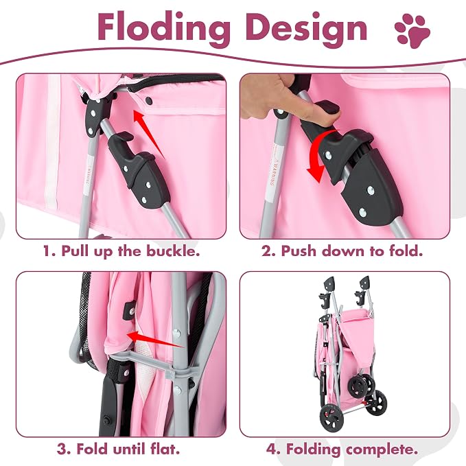 DUMOS 3 Wheels Pet Stroller for Small Dogs and Cats – Foldable Dog Stroller with Mesh Windows, Storage Basket & Cup Holder, Lightweight & Durable Pet Carrier for Travel, Outdoor Use – Pink