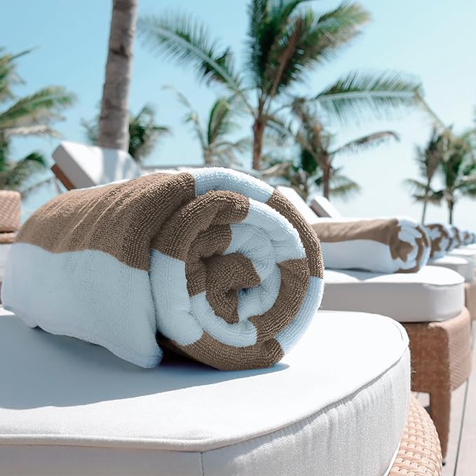 White Classic Beach Towels Oversized Cabana Stripe Cotton Bath Towel Large - Luxury Plush Thick Hotel Swim Pool Towels for Adults Super Absorbent Quick Dry - 35x70 Beige [2 Pack]