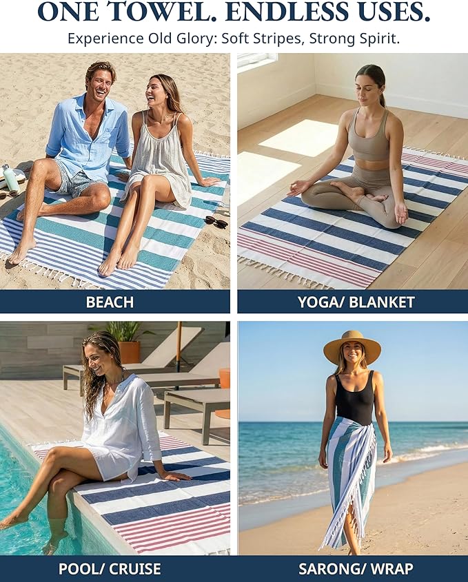 LANE LINEN Beach Towels for Women, Super Absorbent, XL - Old Glory Teal | 2 Pack Large Beach Towels Oversized - Pre-Washed, Sand Free Towel - Quick Dry, 39"x71", Vacation Essential, Machine Washable