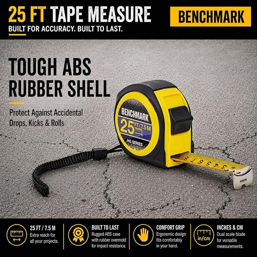 5 Pack - Tape Measures 25ft / 7.5m – Inch & Centimeter Marks. Rugged Outer Shell with Easy Grip Design - High Visibility Steel Tape - Thumb Lock - Autowind - Belt Clip – Retractable Measuring Tape