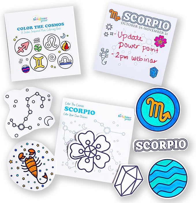 A Brighter Year Color The Cosmos Scorpio Gift Bundle - Adult Mini Coloring Book (3" x 3" - 50 Pages), Post It Notes (50-3” x 3”), Stickers - Stress & Anxiety Relief - Mindfulness, Gift, Travel
