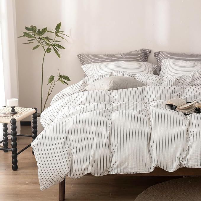 Stripe Duvet Cover Super King Size 108inch x 98inch, 100% Washed Cotton Linen Feel Duvet Cover with Zipper Closure and 2 Pillowcases, Color of White-Dark Grey Stripe