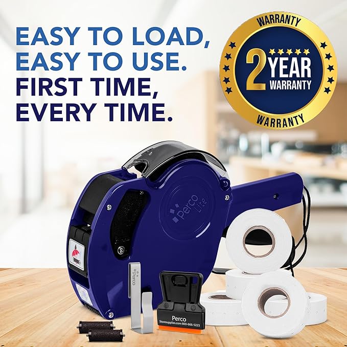 Perco Lite 1 Line Date Gun Kit for Retail – Includes 5 White Label Rolls, Clip & Ink Rollers