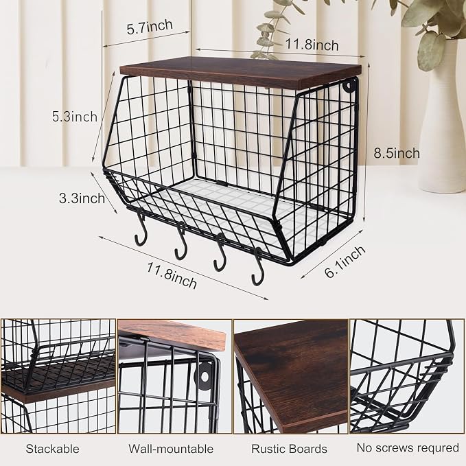 Mefirt Fruit Bowl, Stackable Wall Mounted Fruit Basket of Smooth Wood Lid with 4 Banana Hanger Hooks, Metal Kitchen Counter Organizer for Snack, Fruit and Vegetable Storage, 11.8 * 7.9 * 8.5 Inches