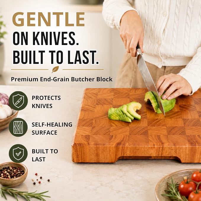 SHUMARU Mahogany End Grain Cutting Board 12.6×12.6×2 in with Holder – Handmade Checkered Butcher Block, Knife-Friendly, Non-Slip Feet, Ergonomic Handles