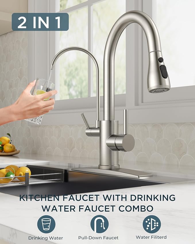 FORIOUS Kitchen Faucets with Water Filter, 2 in 1 Stainless Steel Pull Down Sink Faucet and Purified Water Faucet Rustic High Arc Single Handle with Detachable Deck for 1 or 3 Hole, Brushed Nickel