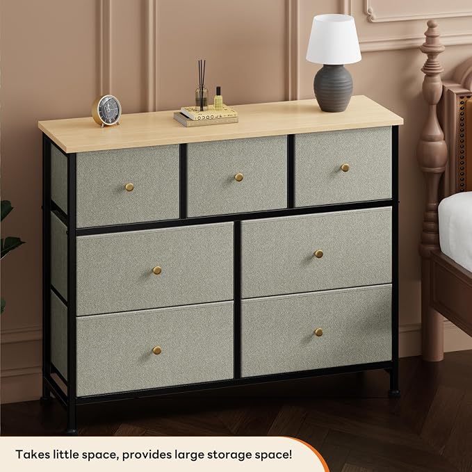 Sweetcrispy 7 Drawer Dresser with Fabric Bins, Fabric Storage Tower Organizer for Bedroom, Closet, Hallway, Entryway, Tall Chest of Drawers with Steel Frame, Wood Top, Large Storage,Dark Green