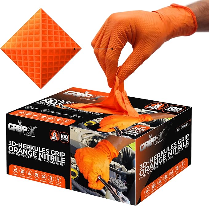 GRIPXX Herkules Grip Heavy Duty 8Mil Orange Nitrile Gloves,3D Raised Diamond Texture-Latex & Powder Free-Industrial, Mechanic (1, Medium)