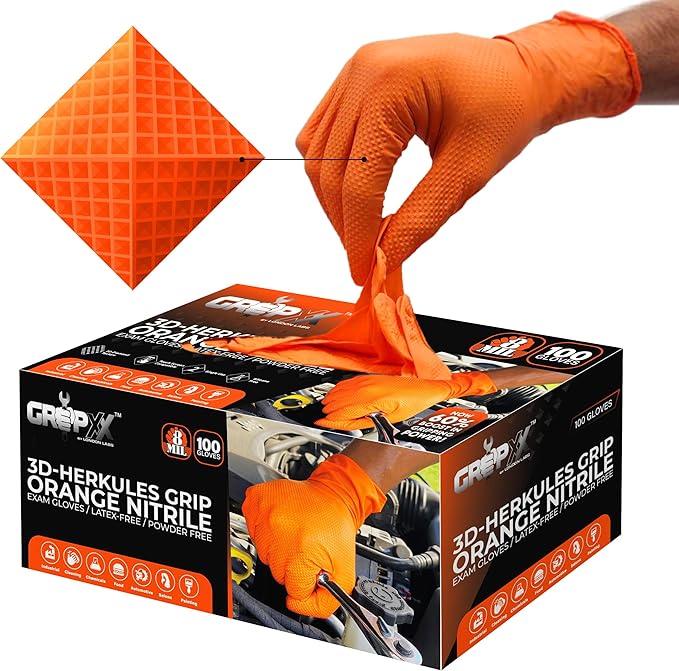 GRIPXX Herkules Grip Heavy Duty 8Mil Orange Nitrile Gloves,3D Raised Diamond Texture-Latex & Powder Free-Industrial, Mechanic (1, XX-Large)