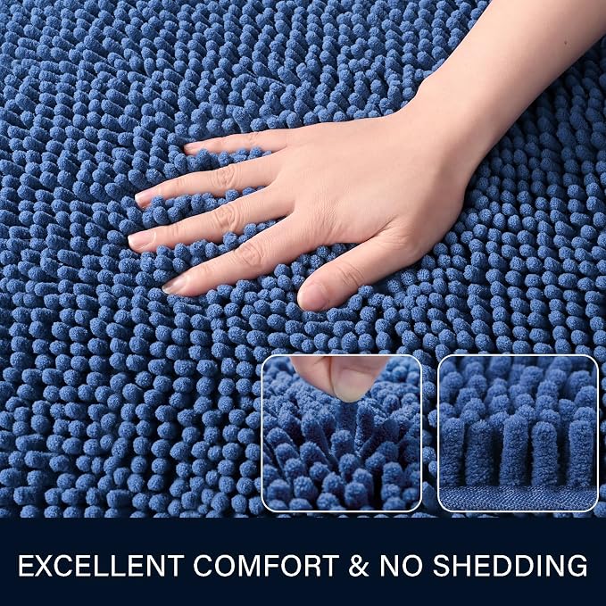 LOCHAS Luxury Bathroom Rug Shaggy Bath Mat 24 x 44 Inch, Blue | Washable Non Slip Bath Rugs for Bathroom Shower, Soft Plush Chenille Absorbent Carpets