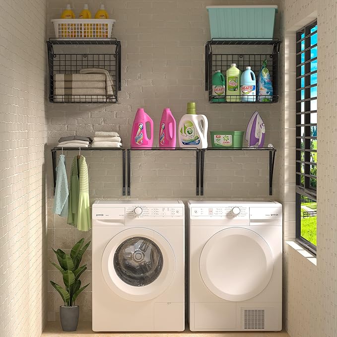 3IngSeagulls 2 Pack Laundry Room Shelves, Wire Baskets with 8 Hooks, Over Washer and Dryer Shelf, Wall Mounted Storage and Clothes Drying Rack, Black