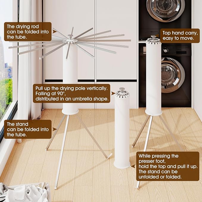 BOQORAD Tripod Clothes Drying Rack,Drying Rack Clothing Foldable,(16 Aluminium Poles),Standing Dry Racks,Laundry Drying Rack,Clothes Hanger Rack,Laundry Rack Folding,Collapsible,Retractable