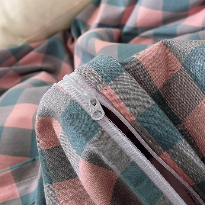mixinni Pink Blue Purple Checkered Duvet Cover Set - Full Size, 3-Piece 100% Cotton Bedding Set, Soft & Breathable Geometric Plaid with Zipper Closure, Reversible Comforter Cover for All Seasons