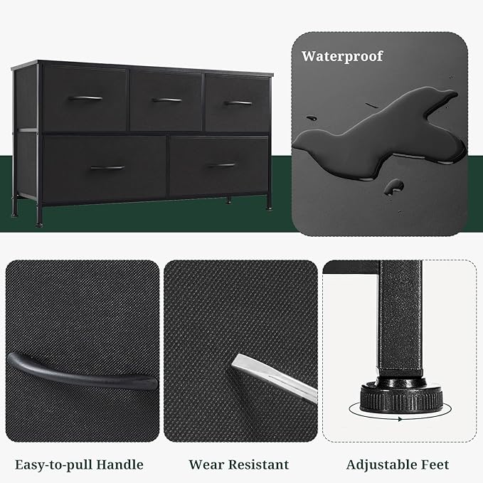 5-Drawer Dresser for Bedroom, Anti-Tip Wide Storage Organizer Fabric Chest of Drawers TV Stand for 45" TV with Wooden Top and Metal Frame for Closet, Living Room, Hallway, Entryway, Black