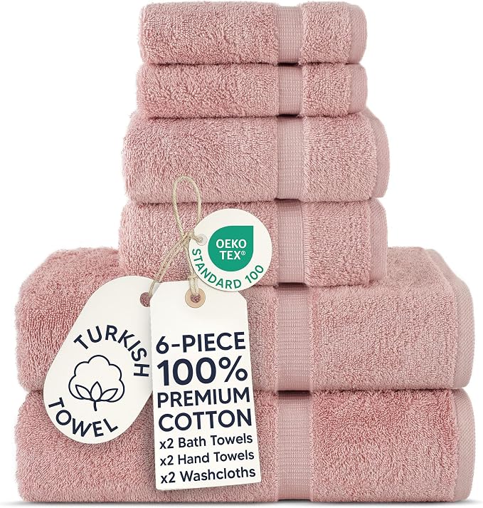 Chakir Turkish Linens 6 Piece Towels Set, 100% Cotton Luxury Turkish Towels for Bathroom, Soft Absorbent Bath Towel Set with 2 Bath Towels 2 Hand Towels 2 Washcloths, Pink