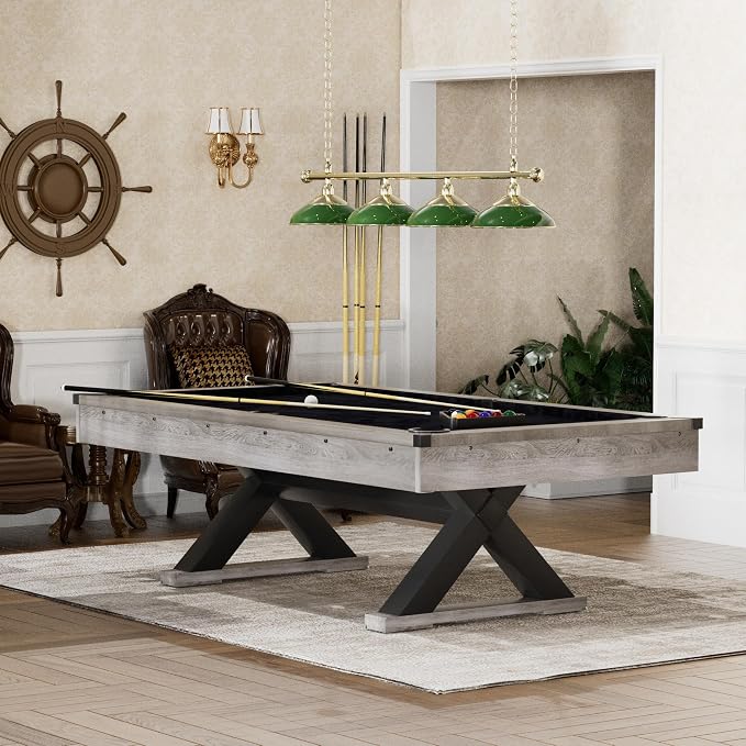 KEIKI 7FT Pool Table with Billiard Balls, Cues, Pool Cue Chalk, | Cleaning Brush, X-Legs, Black Cloth, Rustic Grey