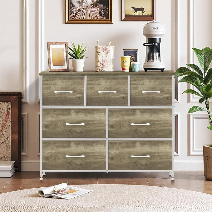 7-Drawer Dresser for Bedroom, Anti-Tip Wide Storage Organizer Fabric Chest of Drawers TV Stand for 45" TV with Wooden Top and Metal Frame for Closet, Living Room, Hallway, Entryway, Greige Oak