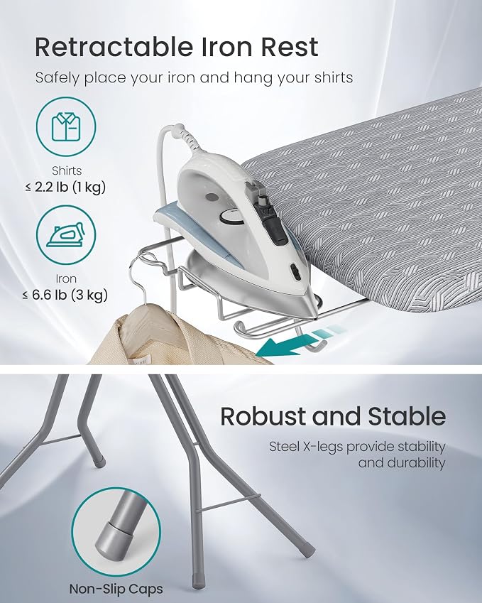 SONGMICS Full Size Ironing Board, Steel Frame with Cover and Sponge Pad, Foldable Standard Ironing Board with Iron Rest, 54 x 14 x 36.6 inches, Gray, Borix Collection ULLB002G101S