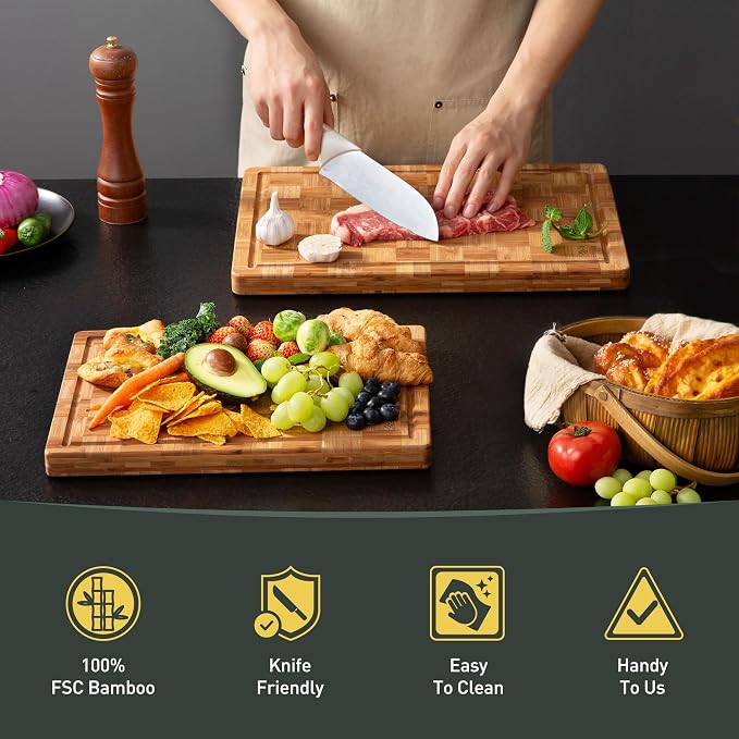 2 Pack Wooden Cutting Boards for Kitchen Bamboo Chopping Boards Non Toxic | Heavy Duty, End Grain, Non Slip, Cutting Board Set, Multiple Size, Solid Thick, Butcher Block, Wood Charcuterie Board