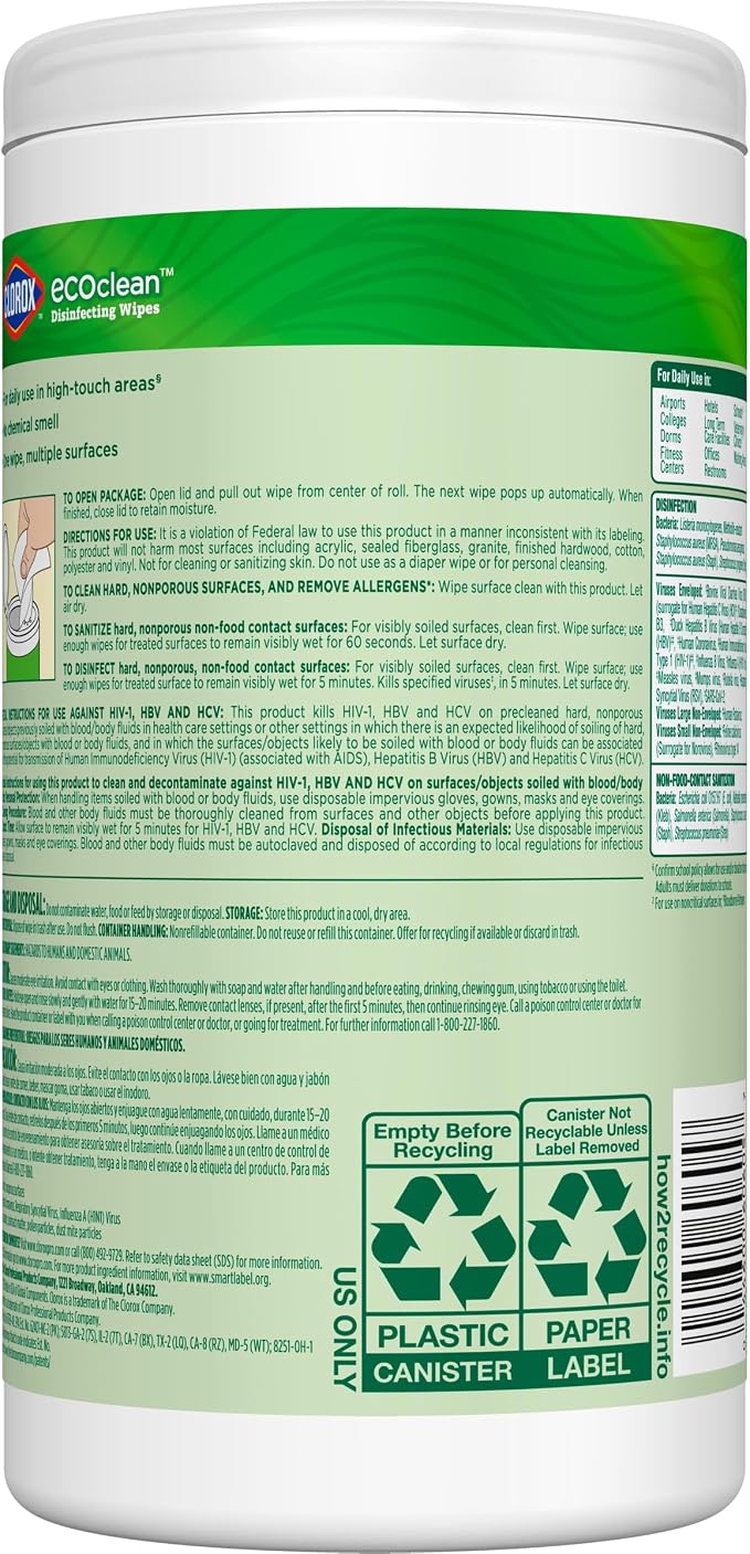 CloroxPro Clorox EcoClean Disinfecting Wipes, Multi Purpose Bleach Free Cleaner, Made with Citric Acid and Plant Based Ingredients, Antibacterial Disinfectant, Multi Surface Use, 75 Ct, Pack of 6