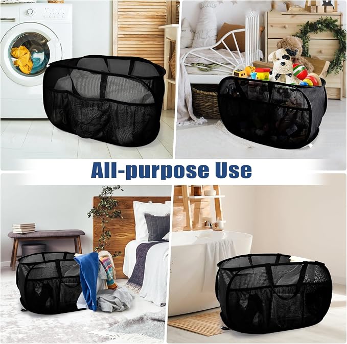 2 Pack Collapsible Laundry Baskets, Upgrade Pop Up Laundry Hamper with Convenient Bags, Foldable Laundry Basket Mesh Light Weight, Easy to Carry Clothes Hampers for Laundry, Dorm, Travel Black+Grey