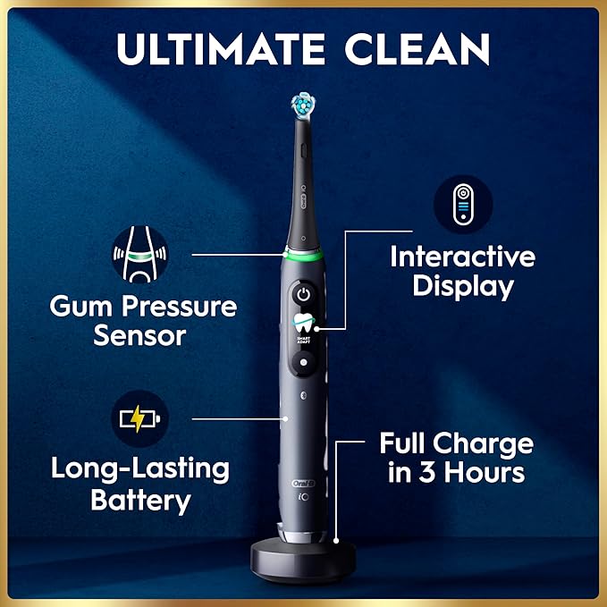 Oral-B Rechargeable Electric Toothbrush, iO9 Limited Ultimate Clean, 7 Cleaning Modes, Interactive Display, iSense Charger, Charging Travel Case, Visible Pressure Sensor, 3 Brush Heads, Black