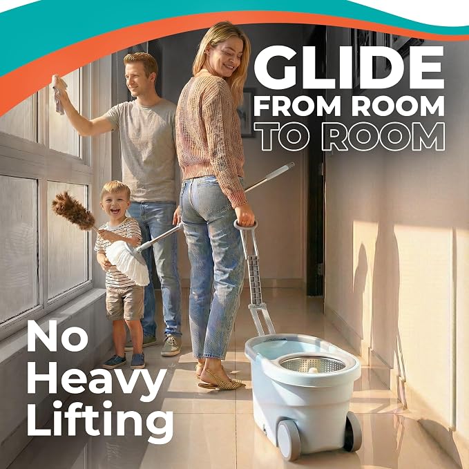 Grazie Spin Mop & Bucket Set - 360° Self-Wringing System with Wheels, Stainless Steel Handle - Hands-Free Floor Cleaning for Hardwood, Tile, Laminate - Includes 6 Washable Microfiber Mop Head Refills