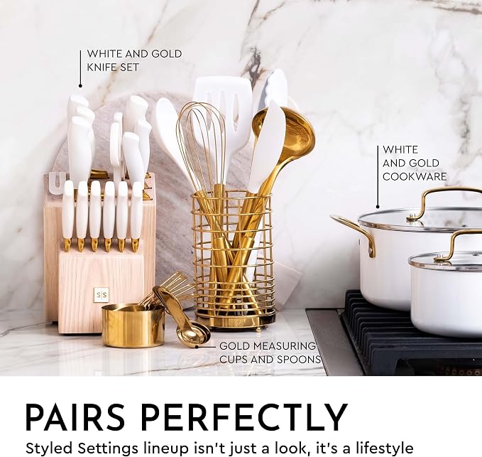 Gold Kitchen Utensils Set – 7-Piece White Silicone Cooking Tools with Gold Utensil Holder – Luxury Kitchen Accessories for Stylish Cooking and Serving, Ideal for Gifting