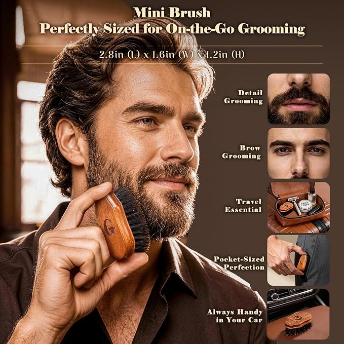 Beard Brush & Comb Set for Men Since 1965 British Craftsmanship | Boar Bristle Beard Brush Set with Large & Mini Pocket Brush, Wooden Beard Comb & Grooming Accessories for Beard Care