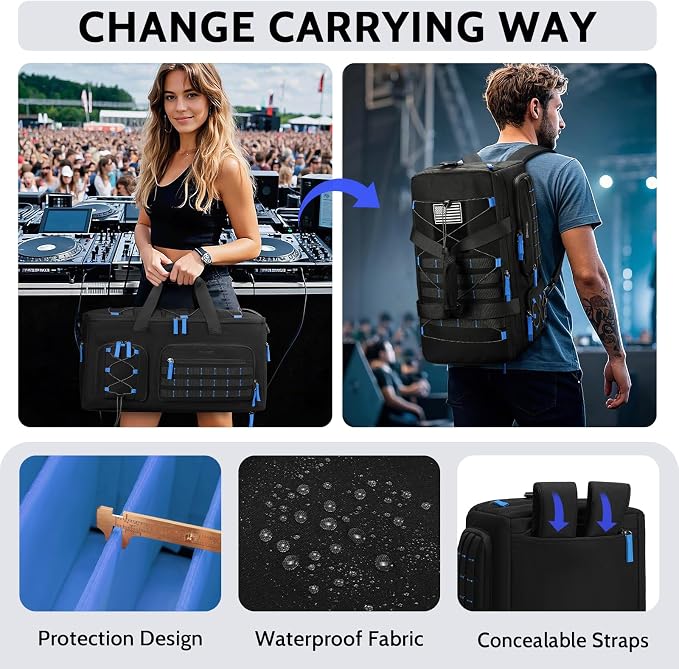 Large Dj Cable Bag with Laptop and Microphone Pocket, Dj Bag for Equipment with 8 Detachable Dividers and Padded Bottom, Dj Gig Bags for Music Gear Accessories, Blue