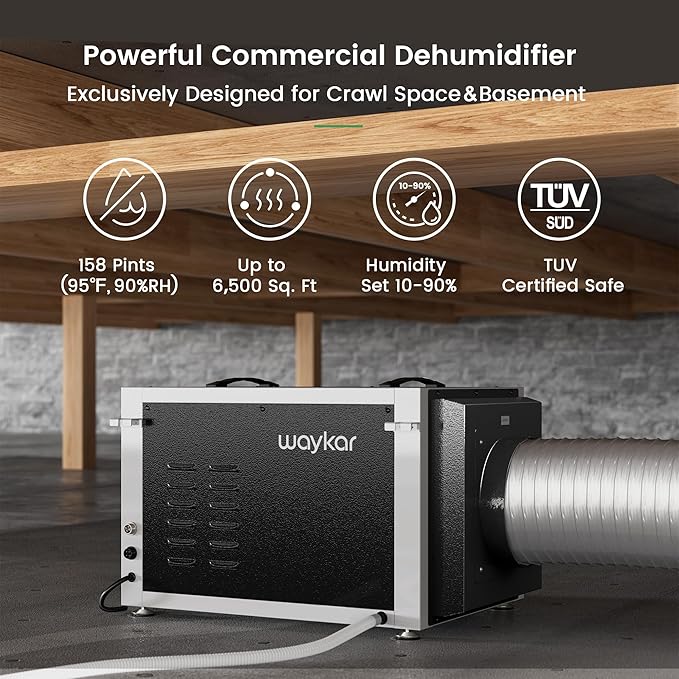 Waykar 158 Pints Crawl Space Dehumidifier with Remote Control up to 6,500 sq. ft., Dual Duct HVAC Commercial Whole-House Dehumidifier for Basement, Industry Water Damage Unit - 5-Year Quality Coverage