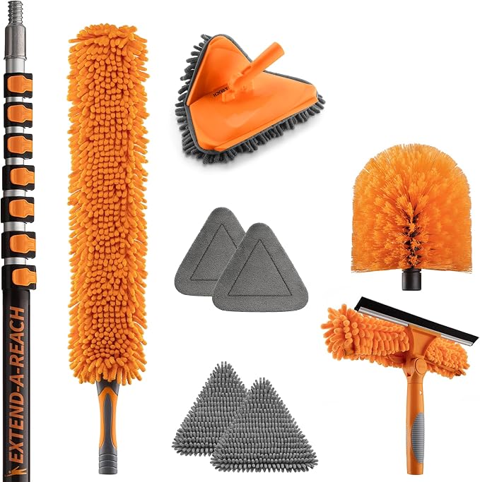 36 Foot High Reach Duster Kit with 5-30 ft Extension Pole for High Ceiling | Dusting & Window Cleaning Kit with Telescopic Pole, Baseboard and Wall Mop, Squeegee, Fan Blade & Cobweb Dusters