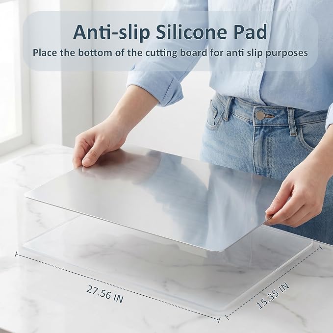 304 Stainless Steel Cutting Board with Lip,Food Grade Prep Board 27.6x15.4" | Dishwasher safe, L-Shaped Edge, Non-Slip Pads, Hygienic Surface, Easy Clean, For Meat, Fruit, Vegetables & Bread