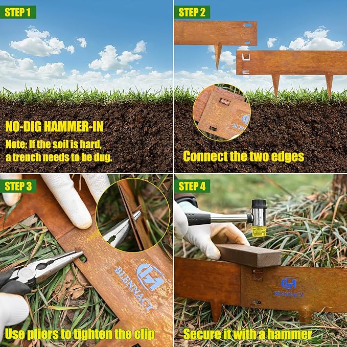 20ft. Metal Edging for Landscaping, 6 Pack 8 inches Rusted Cor-Ten Steel Edging for Landscaping a Pair of Gloves, Bendable Hammer-in Steel Landscape Edging for Fence, Garden, Yard, Park, Law