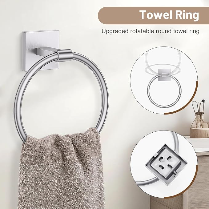 Towel Ring Set 4 Piece Bathroom Hardware Set Includes Towel Ring 2 Towel Hooks and Toilet Paper Holder Stainless Steel Wall Mounted (Brushed Nickel)