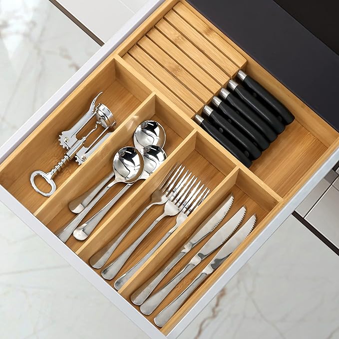 VaeFae Bamboo Silverware Organizer (Non-expandable), Utensil Holder for Drawer, Cutlery Tray with Divider for Kitchen Drawer, Utensil Organizer with Knife Block