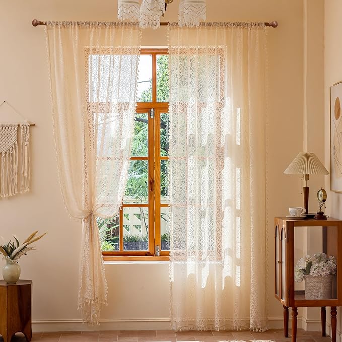 Sutuo Home Beige Boho Lace Curtains for Nursery Bedroom,Floral Semi Sheer Curtains Victorian Style Privacy Crochet Vintage Tassels Bohemian Cottagecore Window Treatments Rod Pocket,2 Panels 50" x 72"