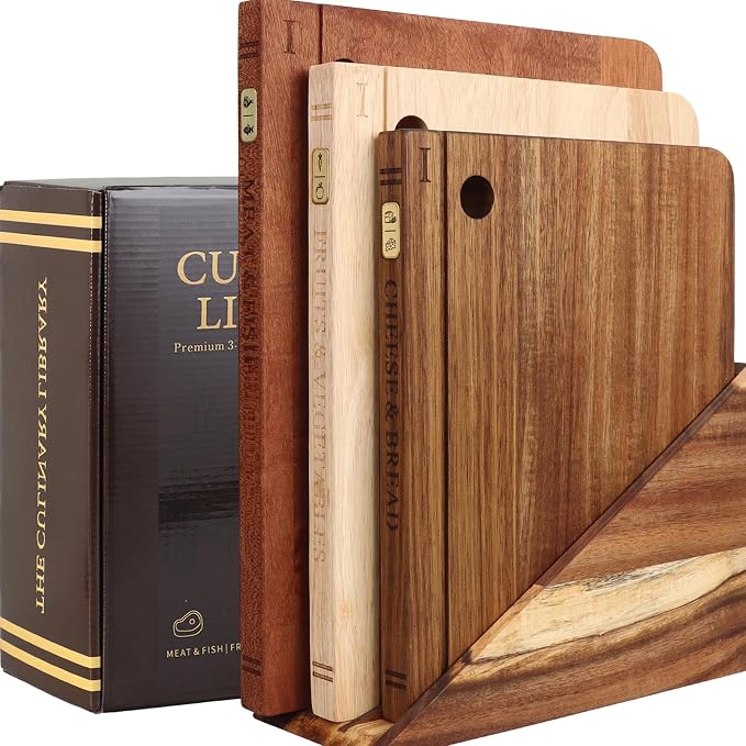 Wood Book Cutting Board Set with Stand, Wooden Cutting Boards for Kitchen,Knife Friendly Decorative Board that Look Like Books, Easy to Store & Clean,Unique Gift for Book Lovers & Home Cooks