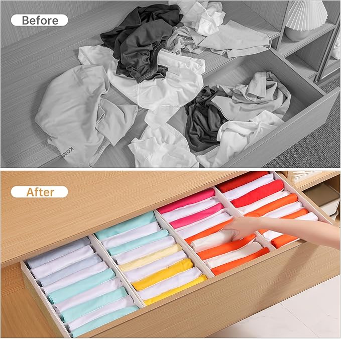 4 Packs T-shirt Drawer Organizers for Clothing,10 Grids Compartment Wardrobe Storage Box, Clothes Organizer for Folded Clothes, T-shirt, Legging-15.75''x9.06''x5.91-BeigeWhite