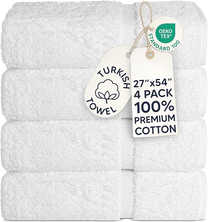Chakir Turkish Linens 4 Piece Bath Towel Set, 100% Cotton Luxury Turkish Towels for Bathroom, Soft Absorbent Bath Towels, 27 x 54 Inches, White