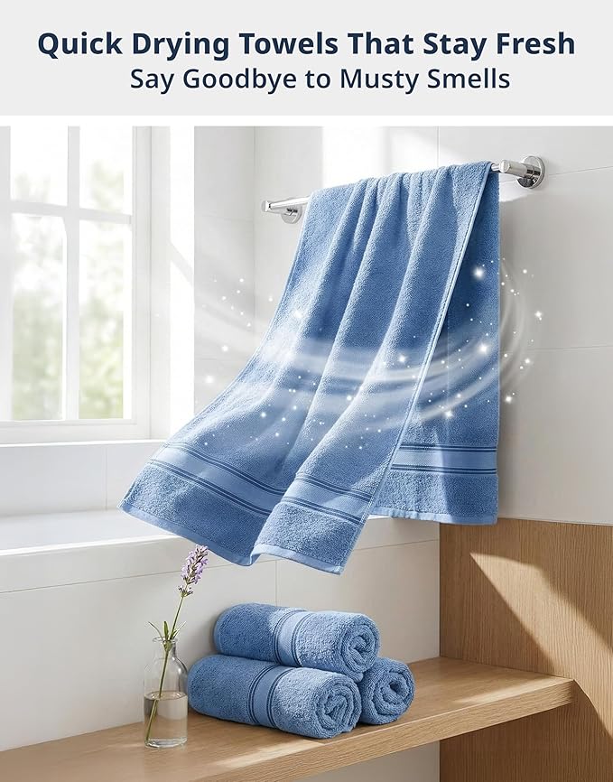 LANE LINEN 100% Cotton 4 Pack Bath Towels (28"x54") - Zero Twist, Mercerized Cotton Bathroom Towels Set - Quick Dry, Soft & Absorbent Large Bath Towels - Machine Wash in Cold Water - Cerulean Blue