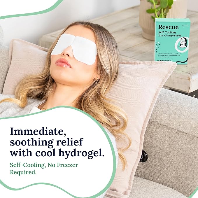 CorneaCare Rescue: Hydrogel Self Cooling Compress | Cold Eye Masks for Puffy Eyes | Self Cooling Eye Compress for Fast Relief | Travel Ready | 12 Count
