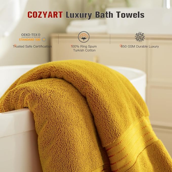 COZYART Luxury Bath Towel Set 6 Pcs, Gold 100% Turkish Cotton 650 GSM | OEKO-Tex 100 Certified Zero Twist Ring Spun, Soft Absorbent Quick Dry, Plush Fluffy, Breathable Hotel Quality for Daily Use